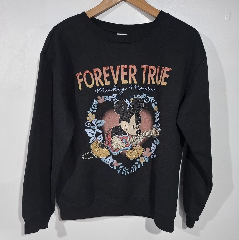 Disney Graphic Mickey Mouse Forever True Floral Rock Black Women's Sweatshirt M